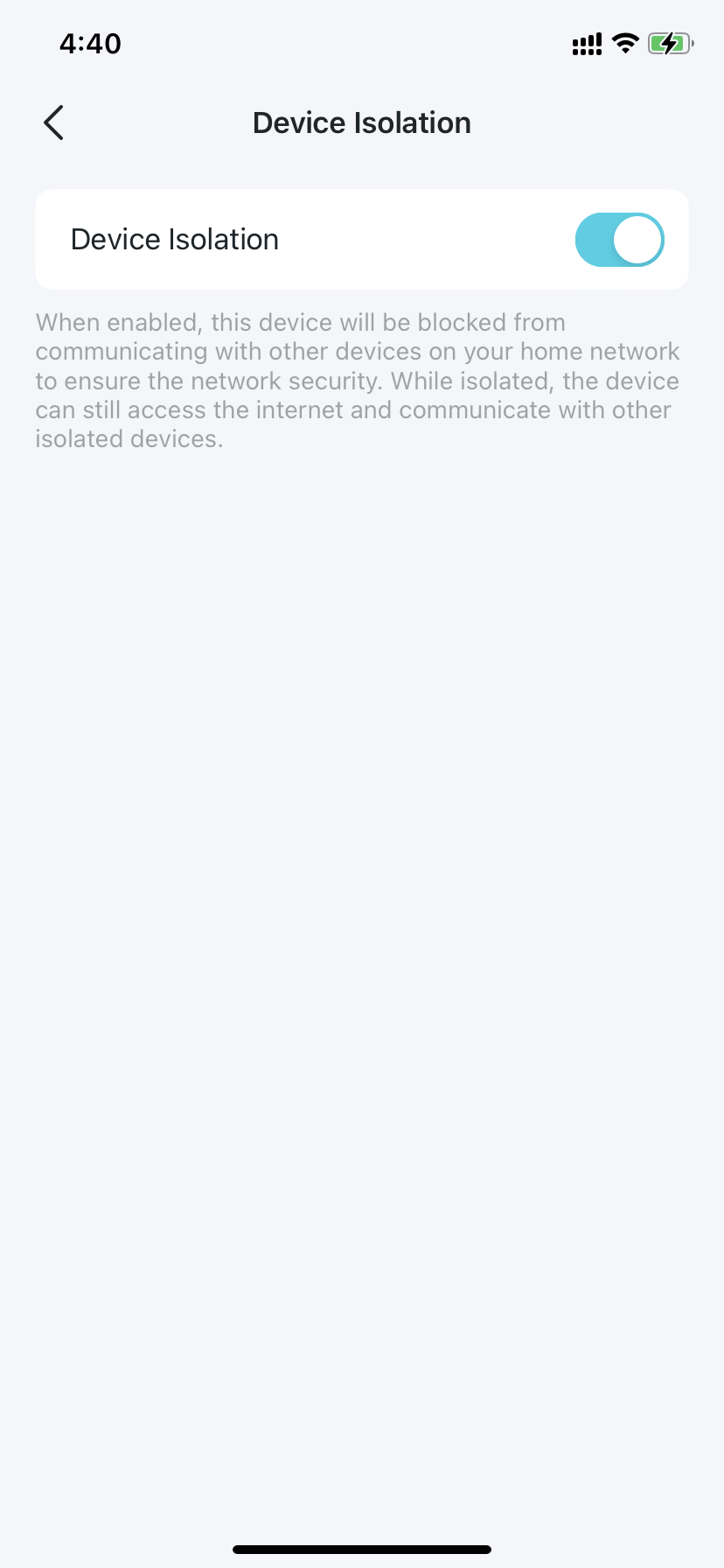 Device Isolation settings page displaying the button and feature descriptions