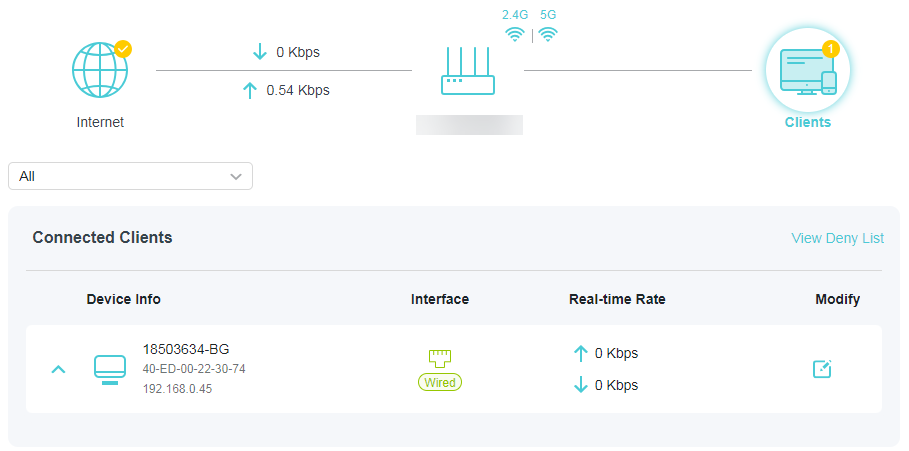 A screenshot of a network router's status page. The top diagram shows the Internet connected to the router and clients, with current internet speeds of 0 Kbps down and 0.54 Kbps up. Below this, in the "Connected Clients" section, one wired client is listed with a real-time data rate of 0 Kbps.