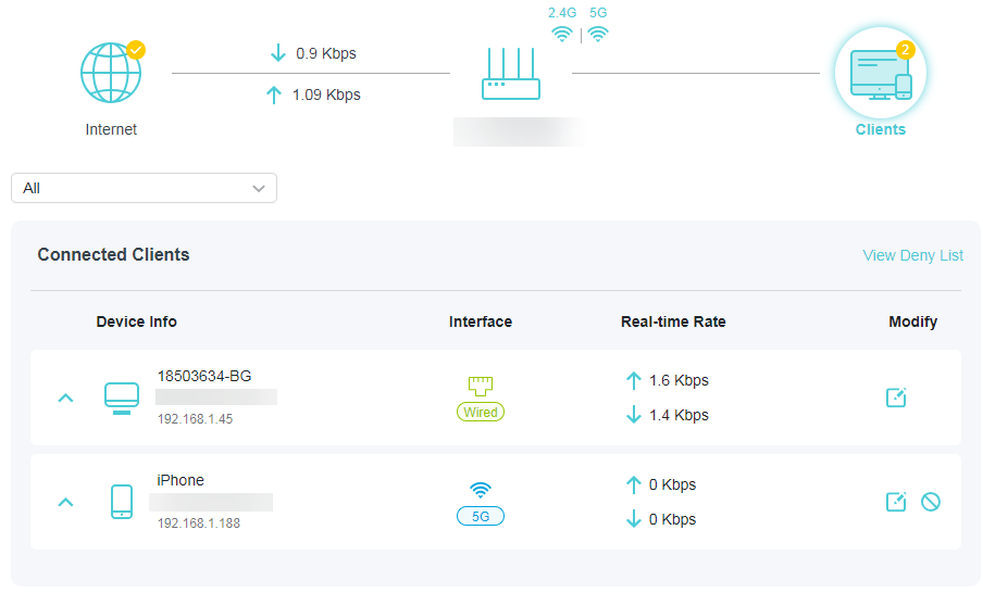 A screenshot of a network router's status page. The page displays a network diagram showing the router connected to the Internet and clients, with current internet speeds of 0.9 Kbps down and 1.09 Kbps up. Below this, in the "Connected Clients" section, two clients are listed: a wired device (18503634-BG) and an iPhone connected via 5G wireless.