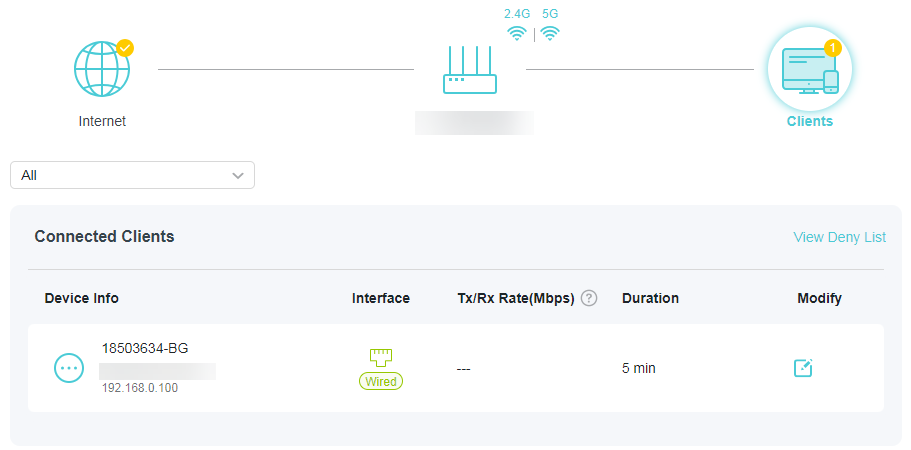A screenshot of a router's status page titled "Connected Clients", displaying a network diagram from the internet to clients and a table listing one wired client device (18503634-BG with IP 192.168.0.100), its connection interface (Wired), and connection duration (5 min).