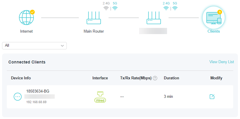 A screenshot of a router's status page titled "Connected Clients", displaying a network diagram and a table listing one connected wired device with the name "18503634-BG" and an IP address of 192.168.68.69.