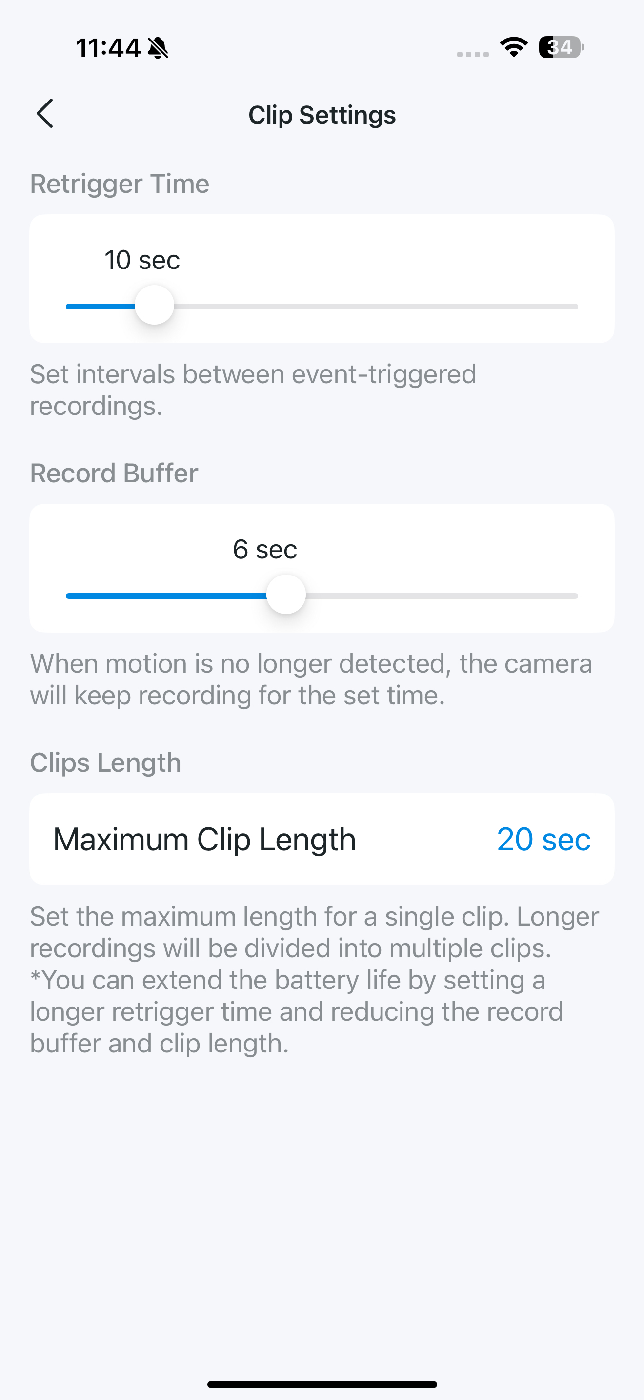 Clip Settings page in the app