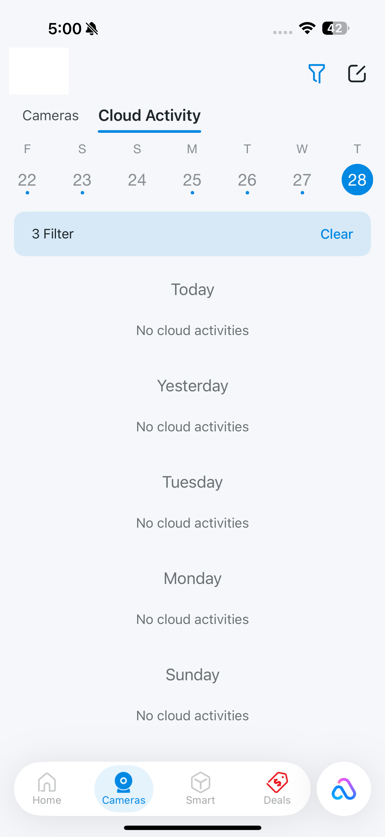 Cloud Activity page in the app