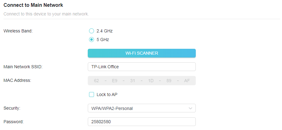A screenshot of a network settings page titled "Connect to Main Network", displaying configuration fields for connecting to an existing Wi-Fi network. It shows options for selecting the 2.4 GHz or 5 GHz band, the network name "TP-Link Office", security type "WPA/WPA2-Personal", and the password "25802580".