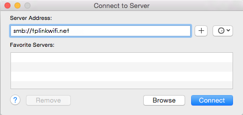 A screenshot of a macOS "Connect to Server" dialog box. The "Server Address" input field contains smb://tplinkwifi.net, and the window includes sections for "Favorite Servers" and buttons for "Browse" and "Connect".