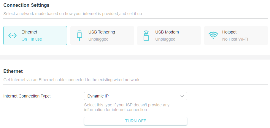 The 'Connection Settings' page showing 'Ethernet' as the currently selected internet source, along with options for 'USB Tethering', 'USB Modem', and 'Hotspot'. The 'Ethernet' settings below indicate 'Dynamic IP' is chosen for the internet connection type.