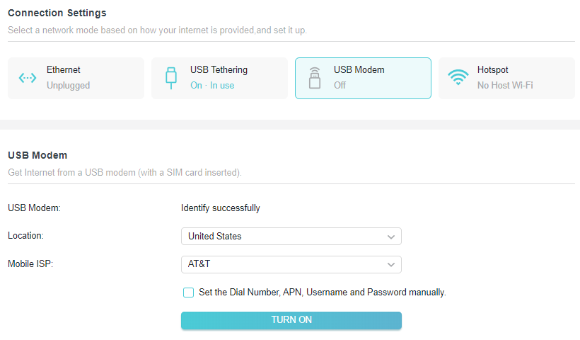 A screenshot of a network device's 'Connection Settings' webpage. The page displays options for Ethernet, USB Tethering, USB Modem, and Hotspot. The USB Modem option is currently selected but turned off. Configuration details below indicate the modem was identified successfully in the United States with AT&T as the Mobile ISP.