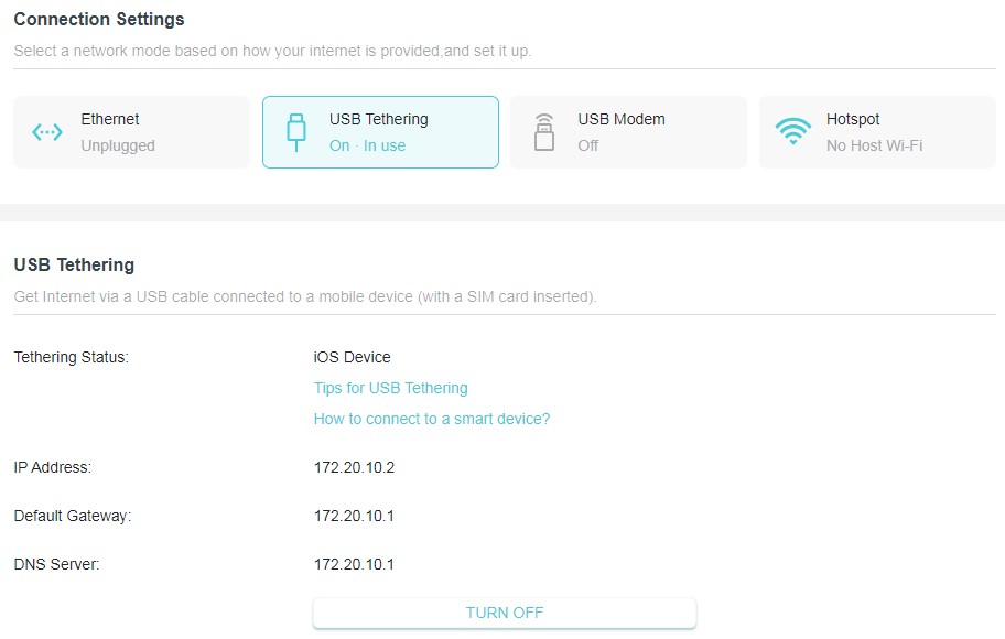 A screenshot of a network device's 'Connection Settings' webpage, focusing on the active USB Tethering feature. The page shows that USB Tethering is "On In use" with an iOS Device, listing the assigned IP Address as 172.20.10.2, Default Gateway as 172.20.10.1, and DNS Server as 172.20.10.1.