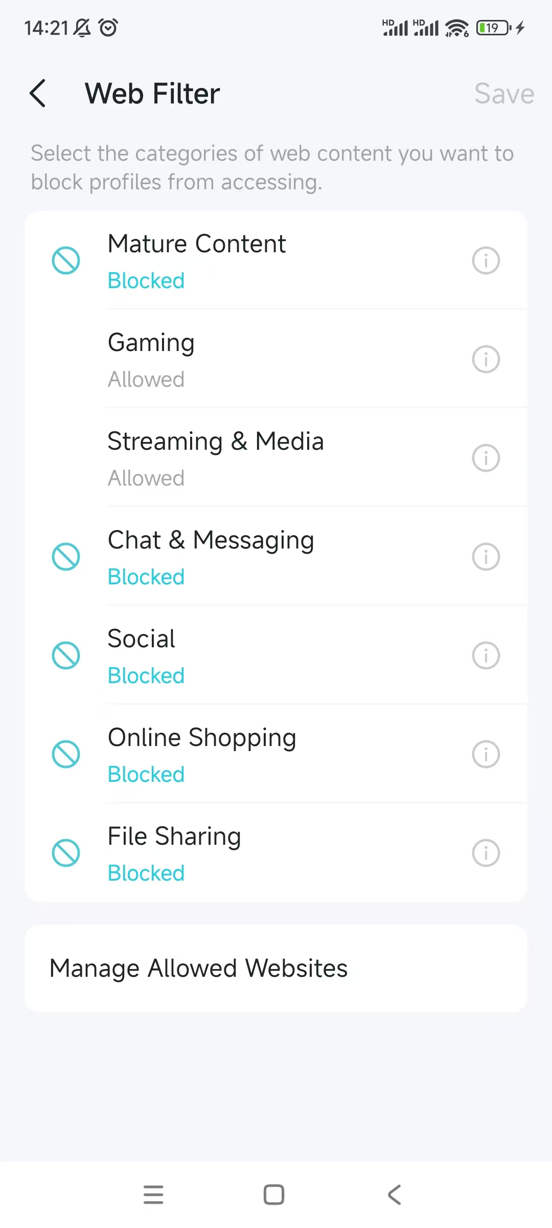 web filter settings page