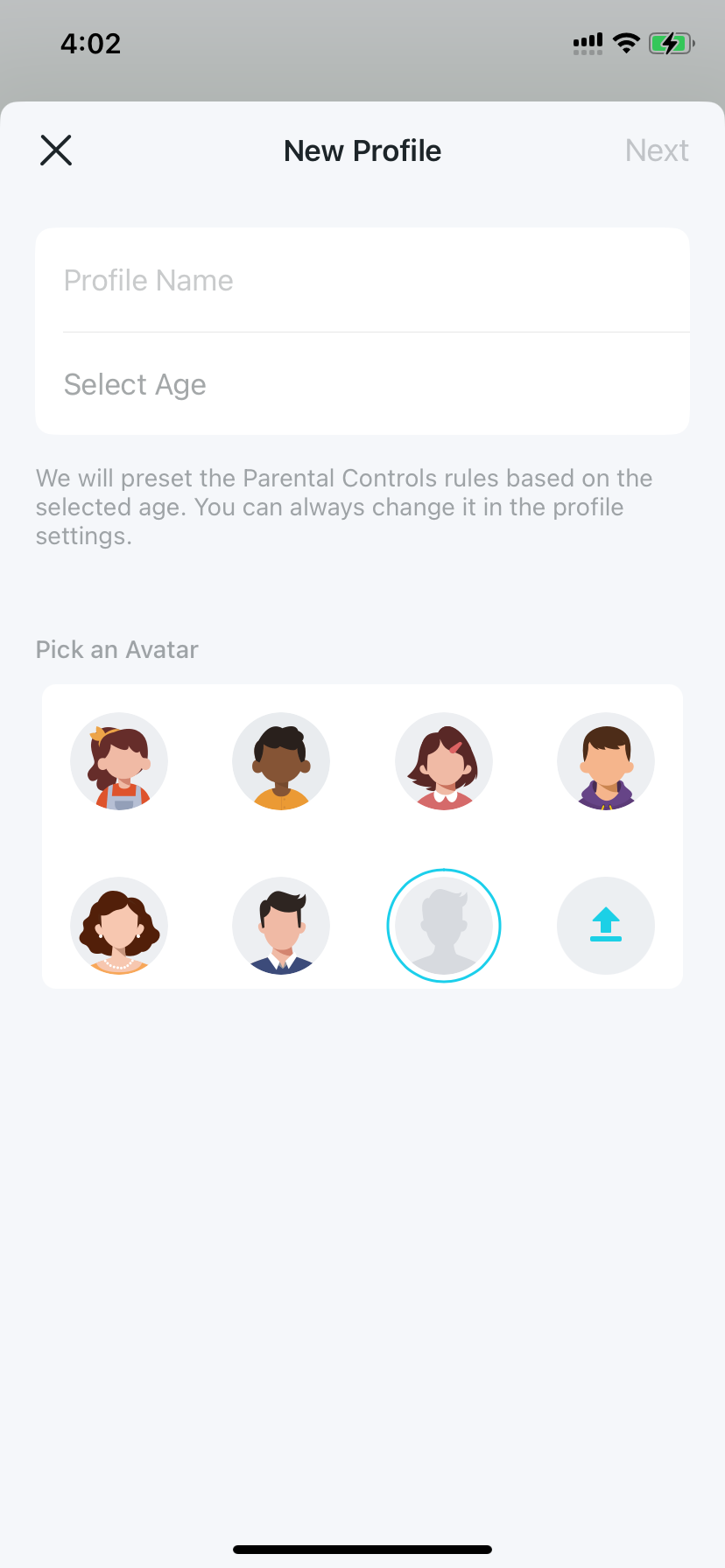 Profile settings page including setting the profile name and select the age