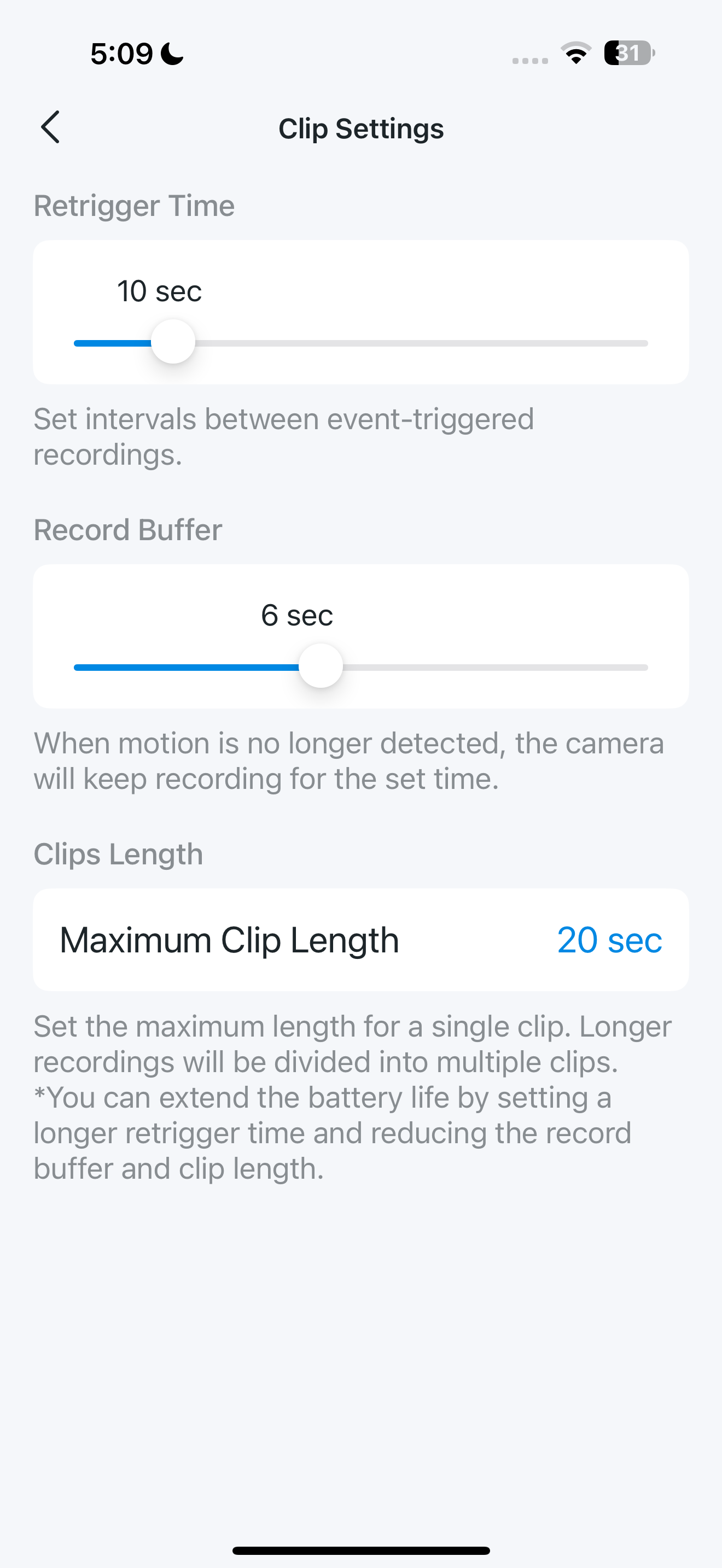 Clip Settings page in the app