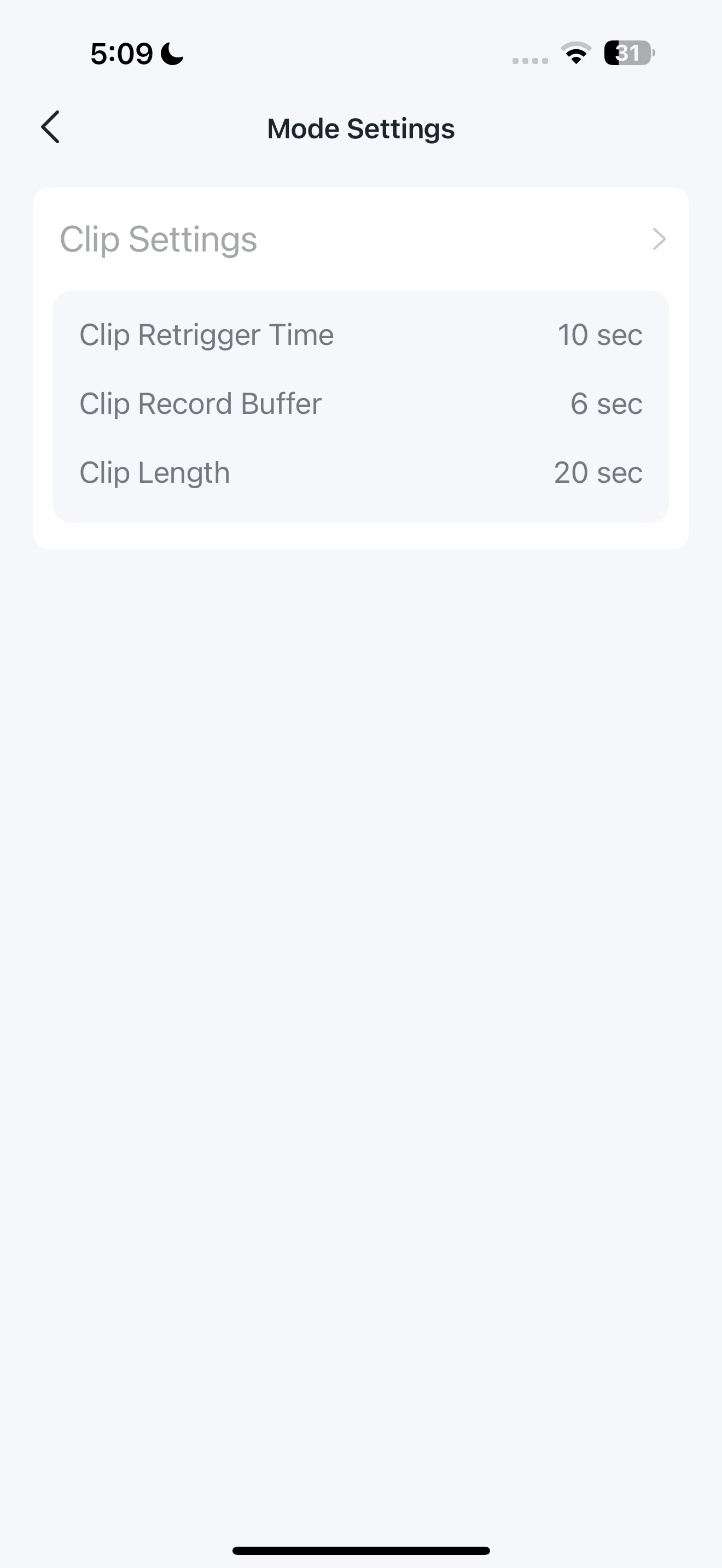 Custom Working Mode Settings page in the app