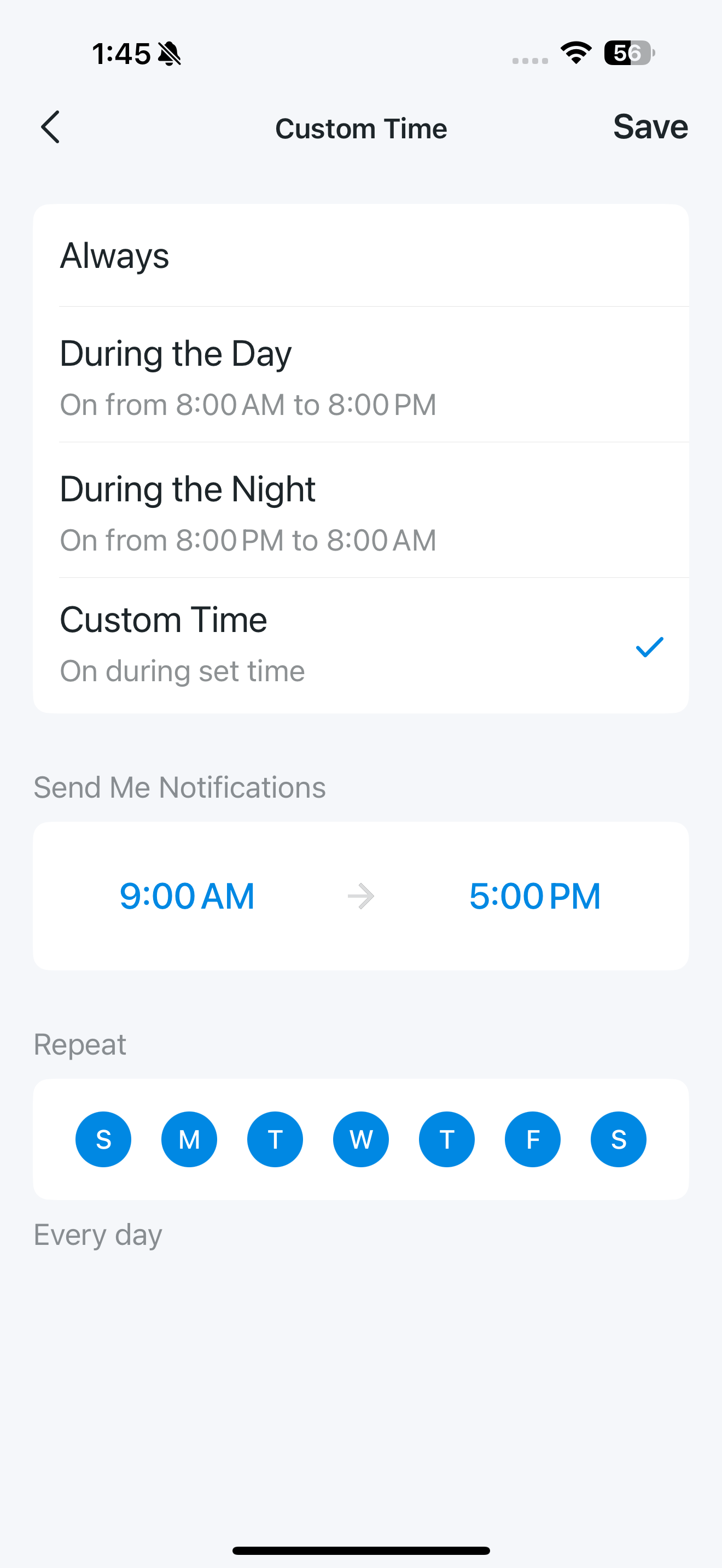 Activity Type page in the app