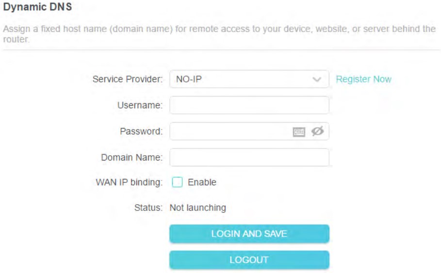 a network router's web interface page for Dynamic DNS (DDNS) settings. It shows input fields for the Service Provider (set to "NO-IP"), Username, Password, and Domain Name, as well as a status message "Status: Not launching" and buttons for login, save, and logout.