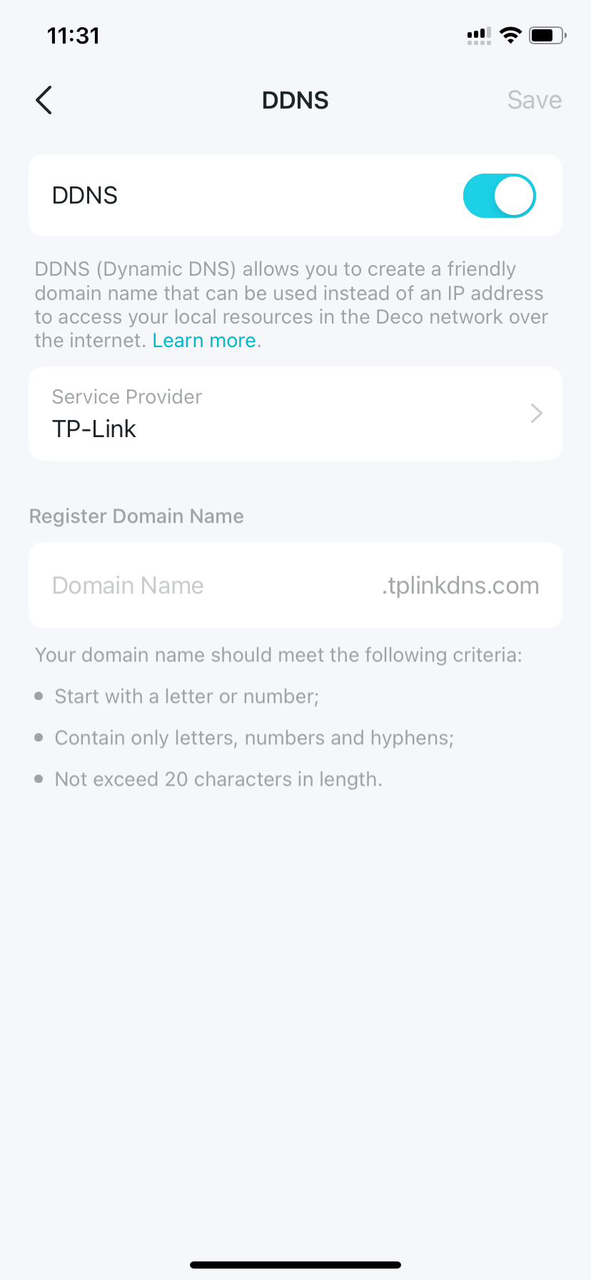 DDNS settings page