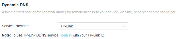 a Dynamic DNS (DDNS) settings page in a router interface. Text explains the feature: "Assign a fixed host name (domain name) for remote access to your device, website, or server behind the router". A dropdown menu for Service Provider is set to "TP-Link", and a note below advises logging in with a TP-Link ID to use the service.