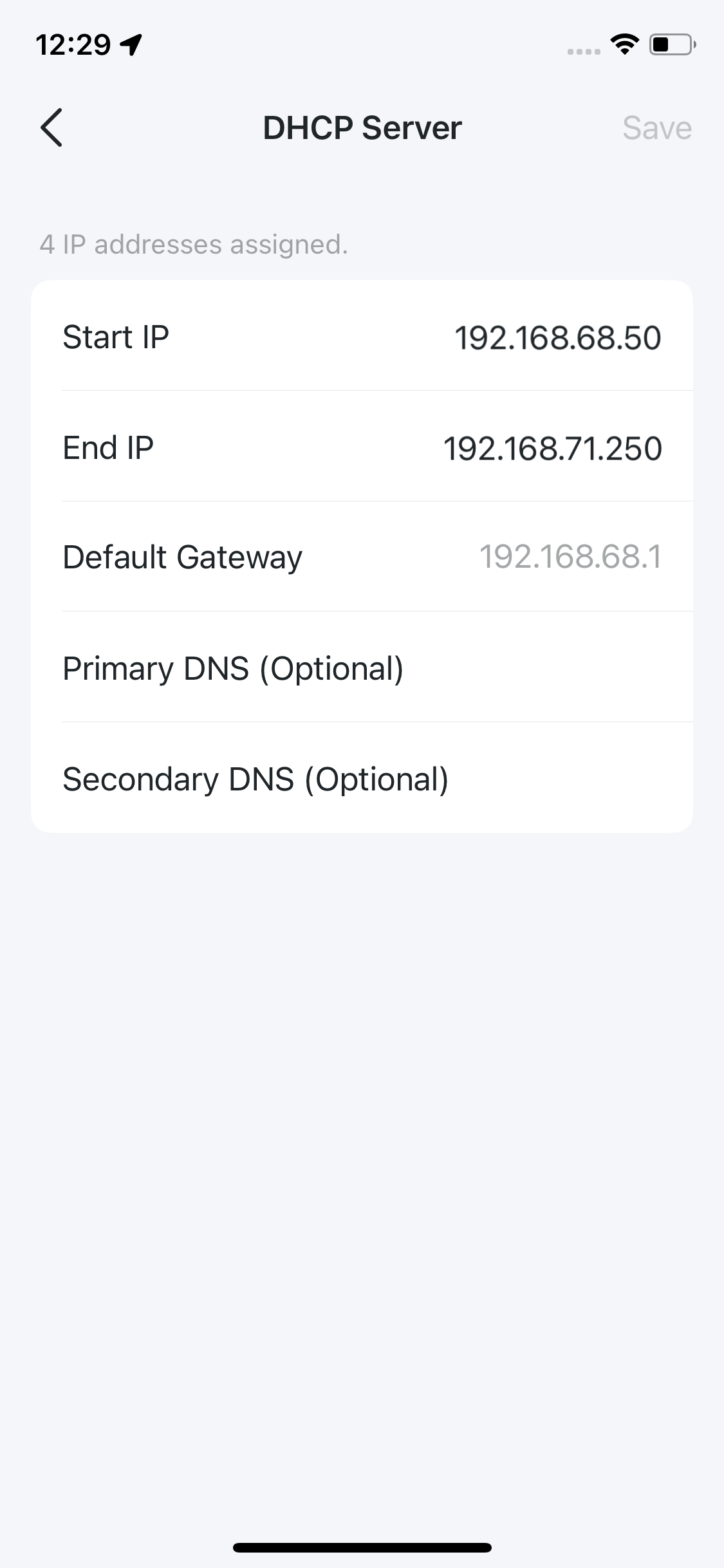 DHCP Server settings page