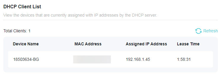 A screenshot of a network device's DHCP Client List webpage. The page shows a table listing one client with the device name "18503634-BG", an assigned IP address of 192.168.1.45, and a remaining lease time of 1:58:31.