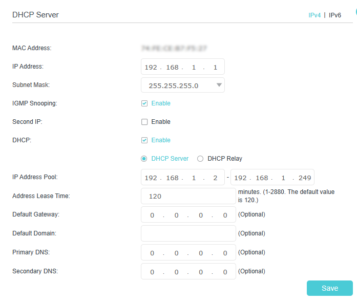 DHCP server interface of the router