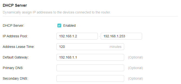 a DHCP Server configuration page, showing that the DHCP server is enabled. The settings define an IP address pool from 192.168.1.2 to 192.168.1.253, an address lease time of 120 minutes, and a default gateway of 192.168.1.1.