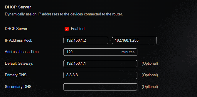 Enter 8.8.8.8 as Primary DNS in the DHCP Sever interface