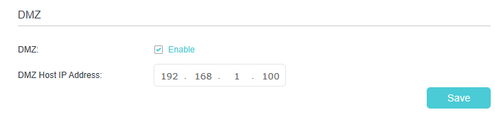 DMZ settings page, showing the Enable box checked and a DMZ Host IP Address set to 192.168.1.100