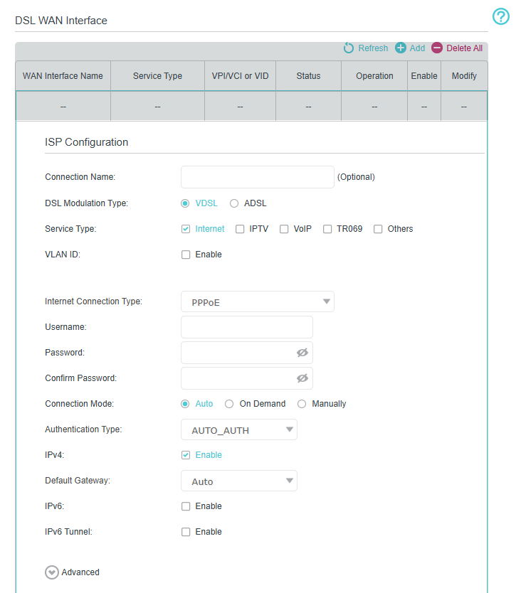 Image of DSL WAN configuration interface