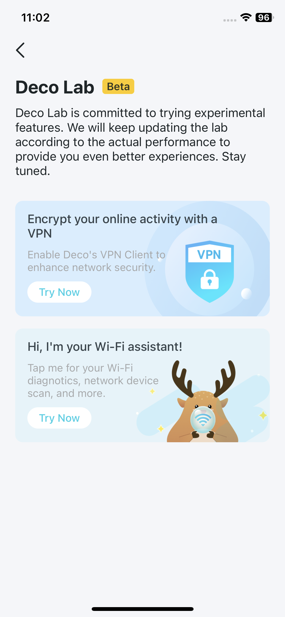 Deco Lab page displaying all the testing features