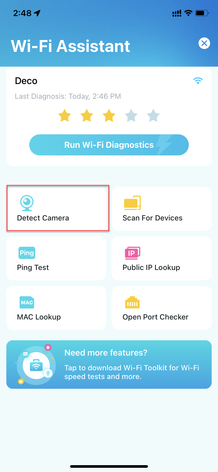Locate Detect Camera on the Wi-Fi Assistant page