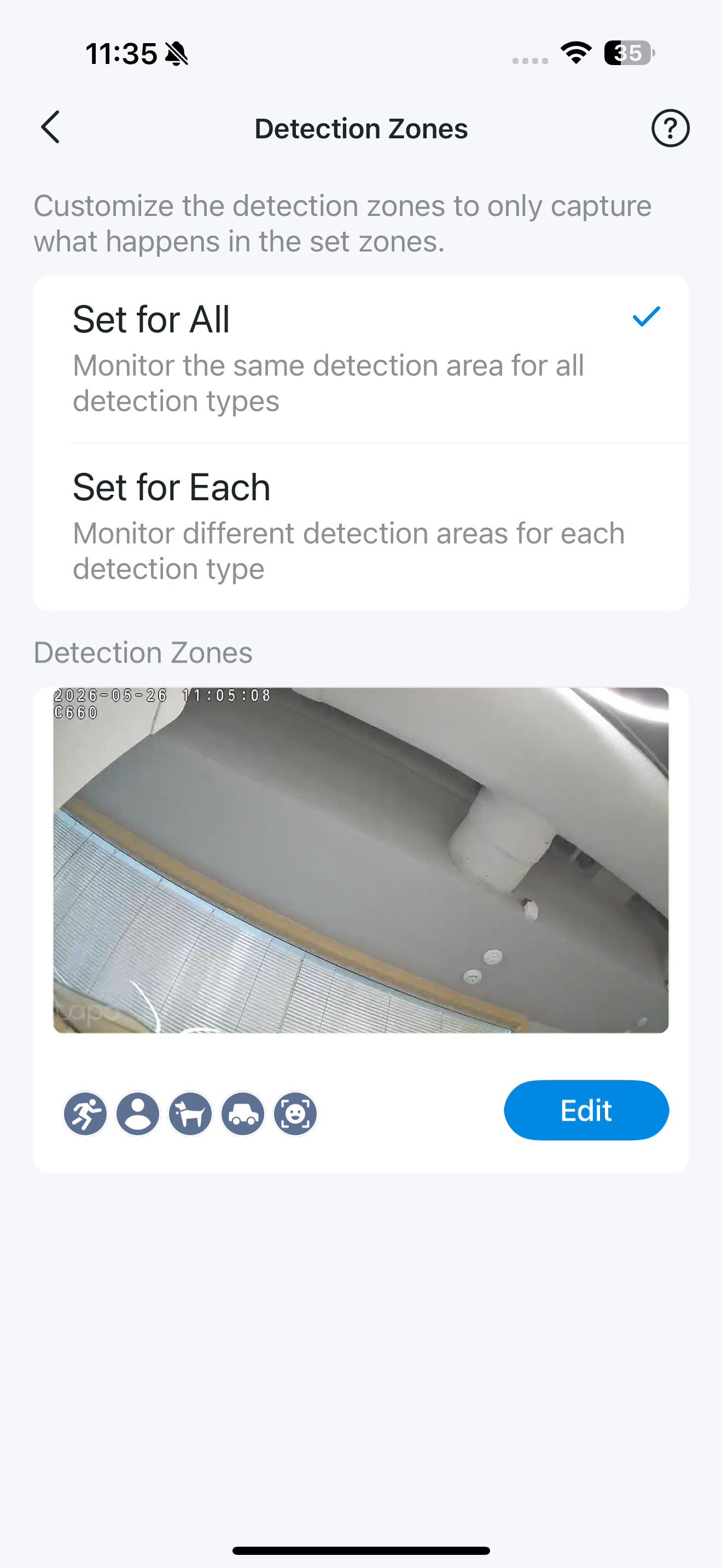 Detection Zones page in the app