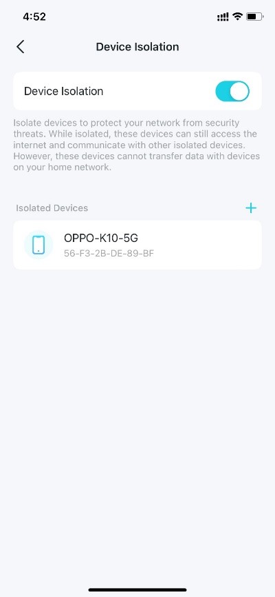 Device Isolation settings page after adding devices