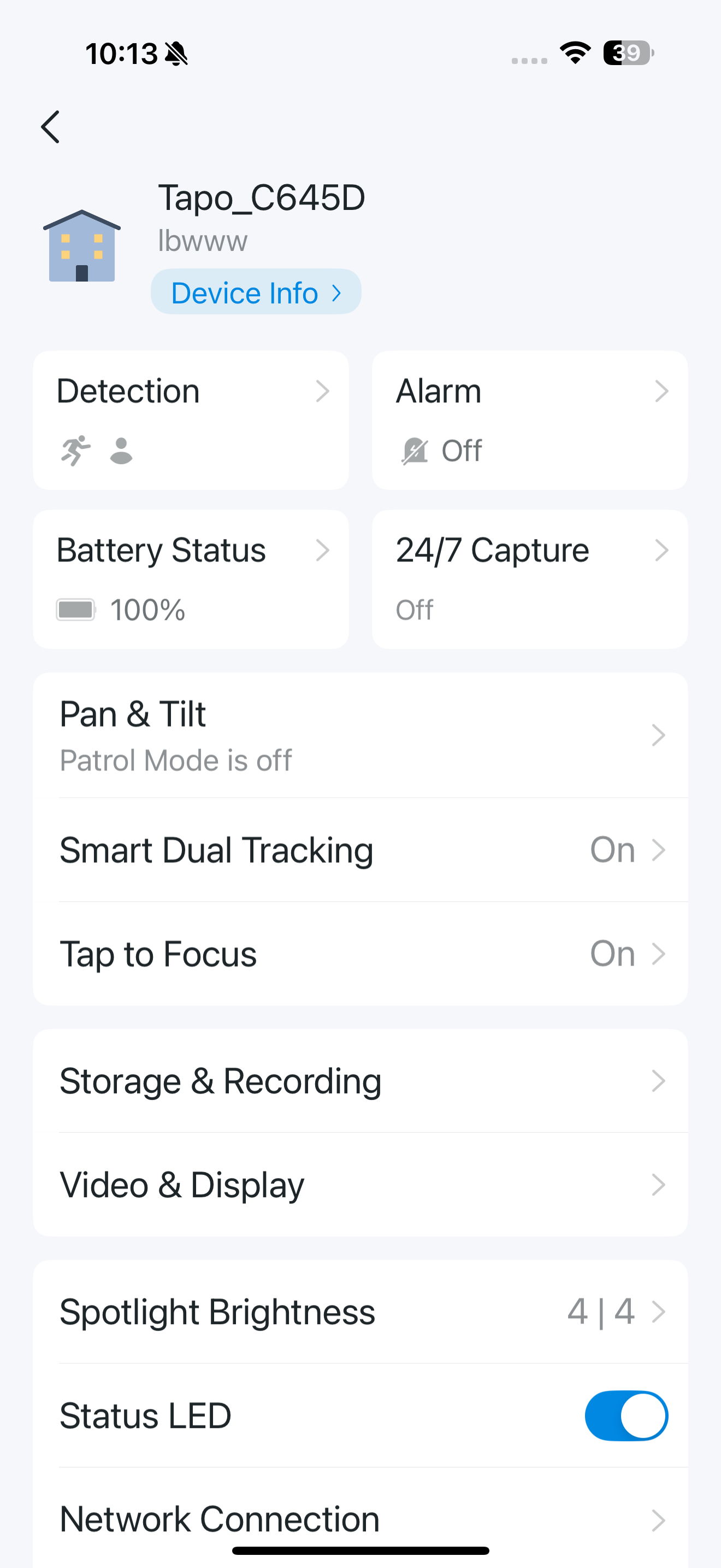 Device Settings page in the app