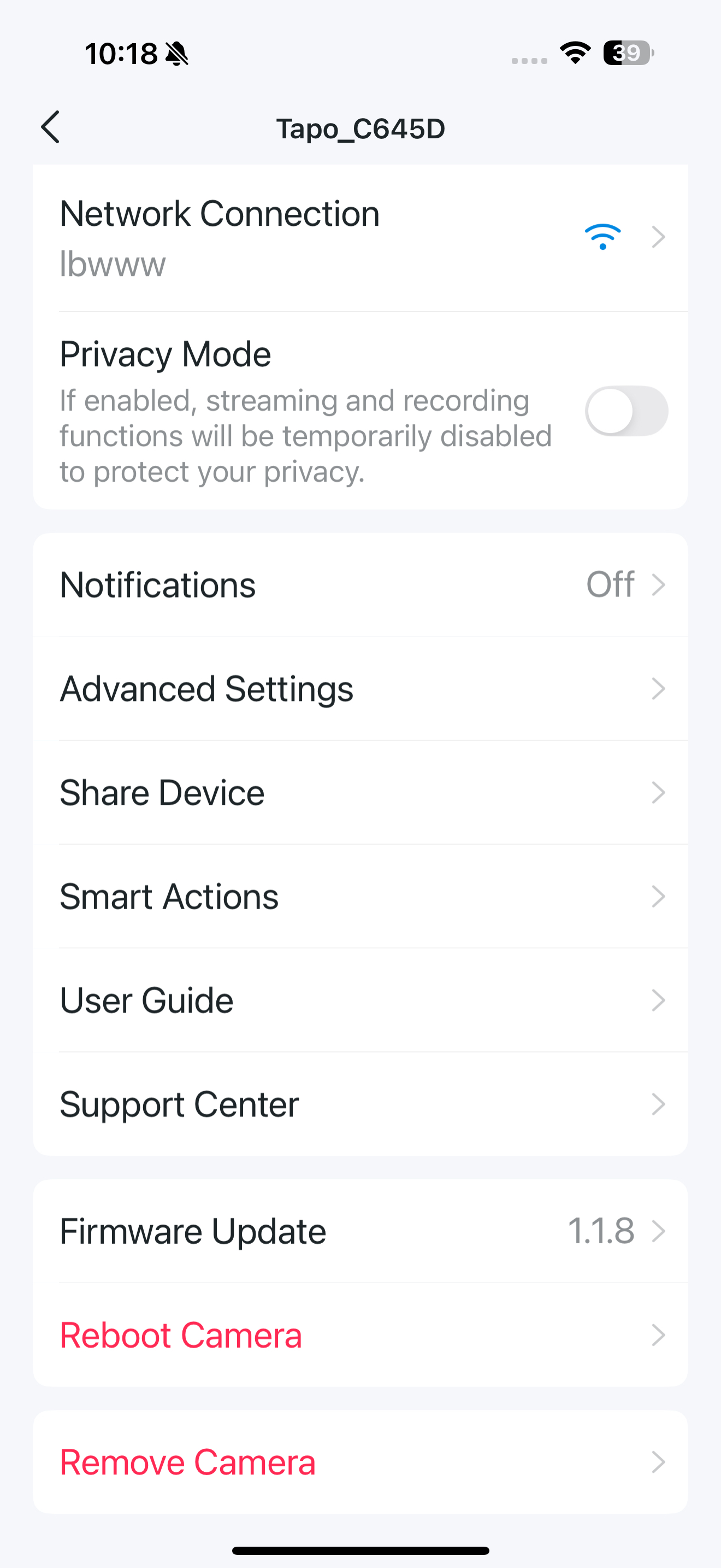 Device Settings page in the app
