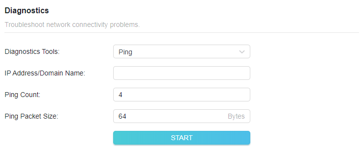 A screenshot of a router configuration interface for network diagnostics. The Ping tool is selected, displaying input fields for "IP Address/Domain Name", "Ping Count" (set to 4), and "Ping Packet Size" (set to 64 Bytes), along with a START button.
