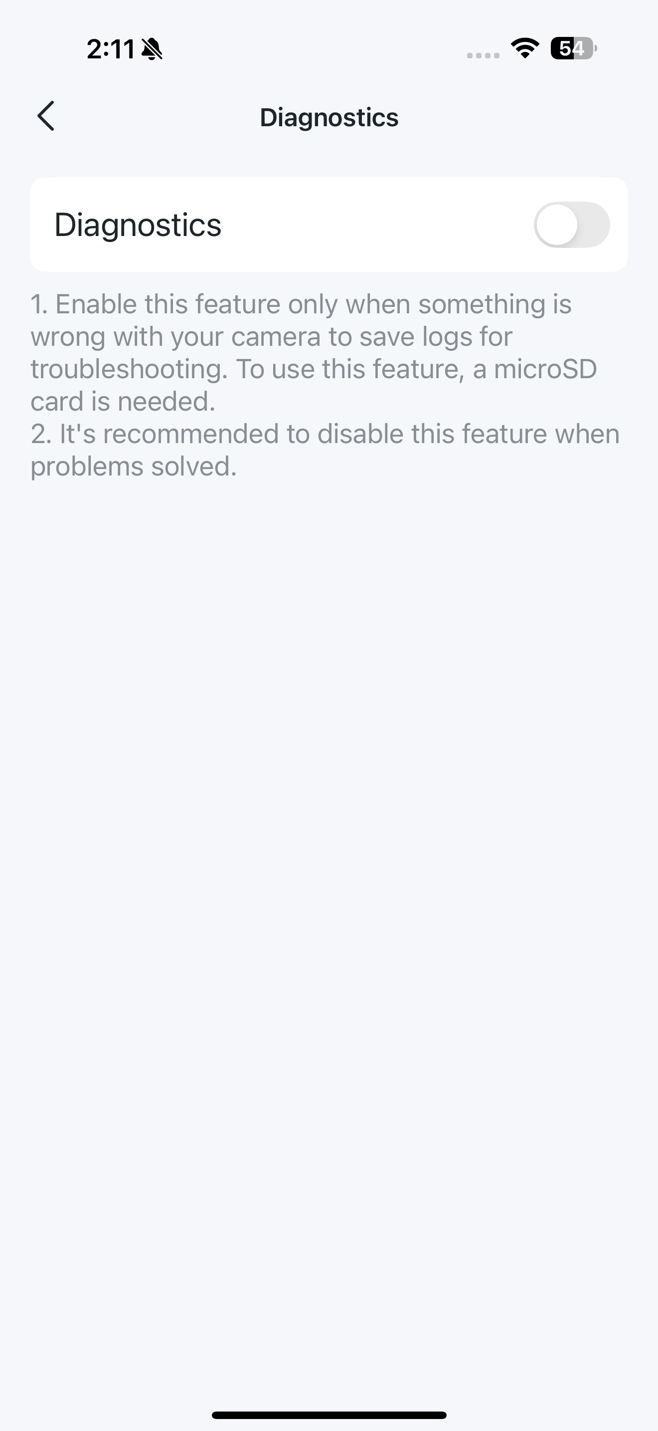 Diagnostics page in the app