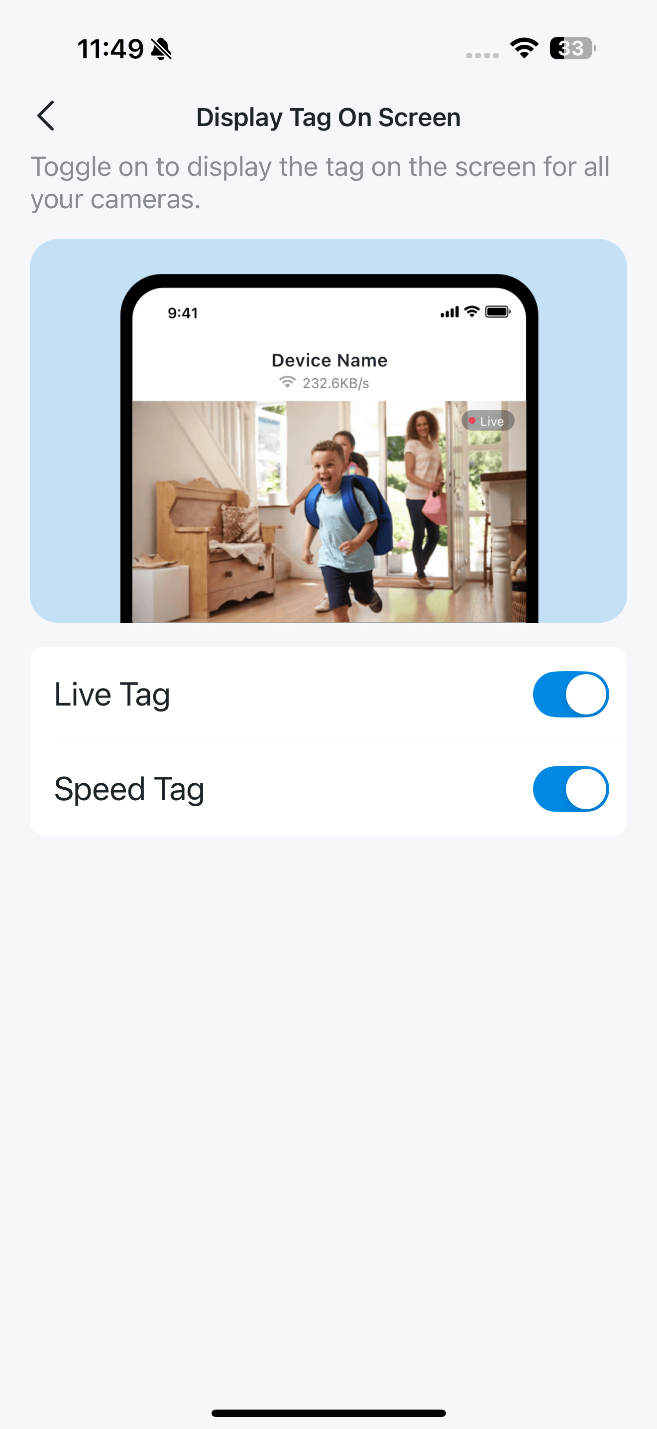 Display Tag on Screen page in the app