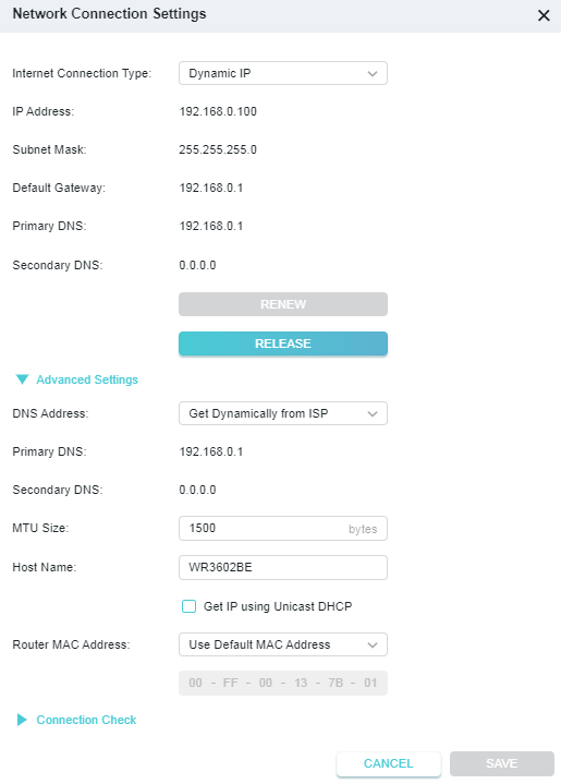 The  Dynamic IP internet connection settings page