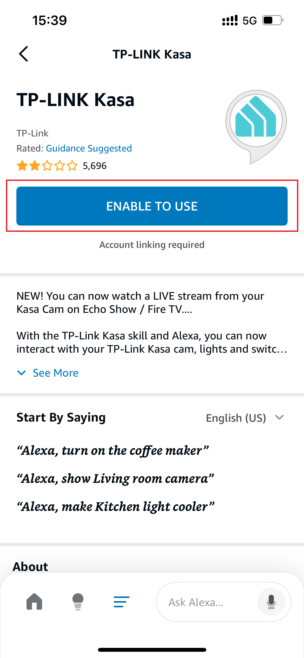After choosing TP-LINK Kasa, tap the ENABLE TO USE button.