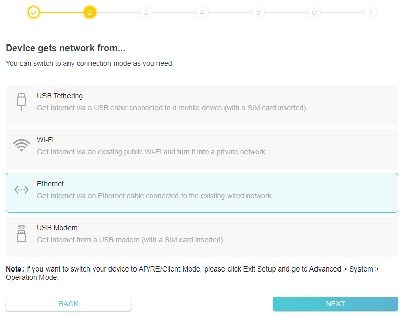 a network setup screen with the title 'Device gets network from...' presenting four options for internet connection: USB Tethering, Wi-Fi, Ethernet (selected), and USB Modem.