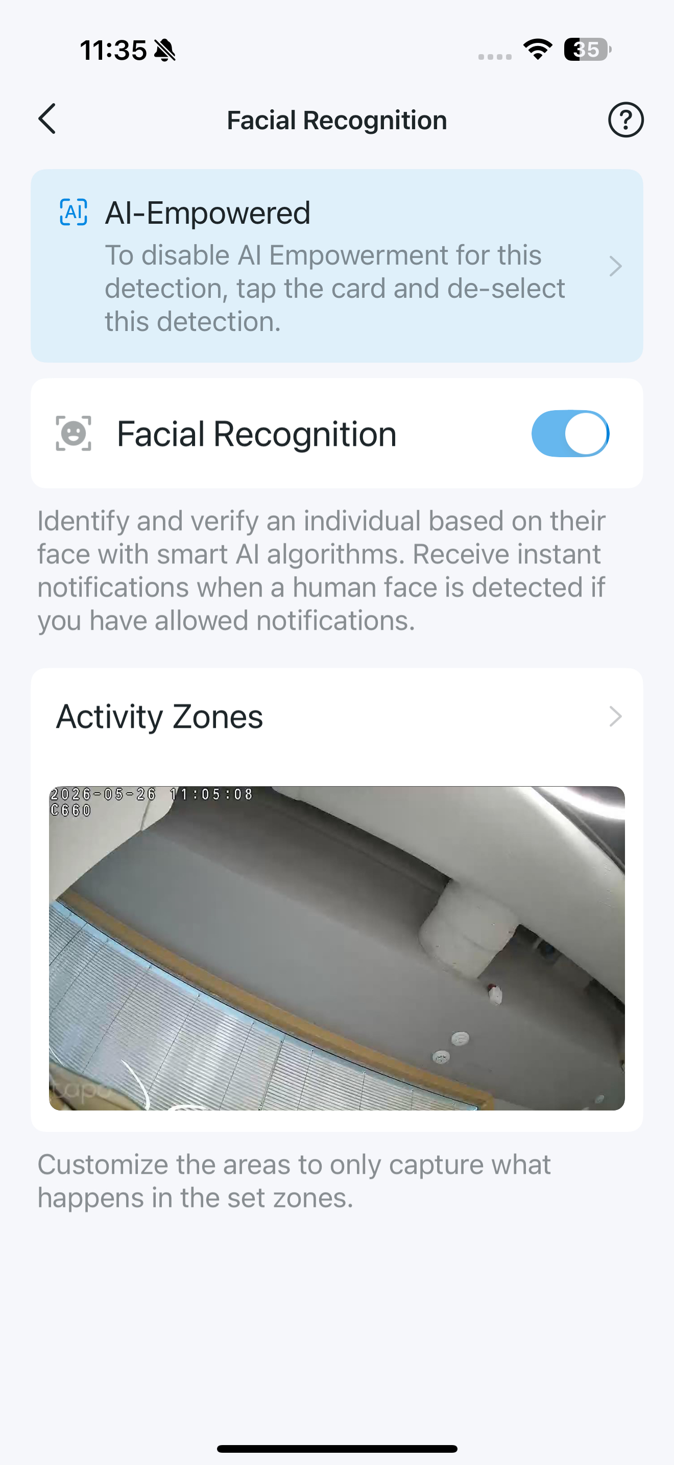Facial Recognition page in the app
