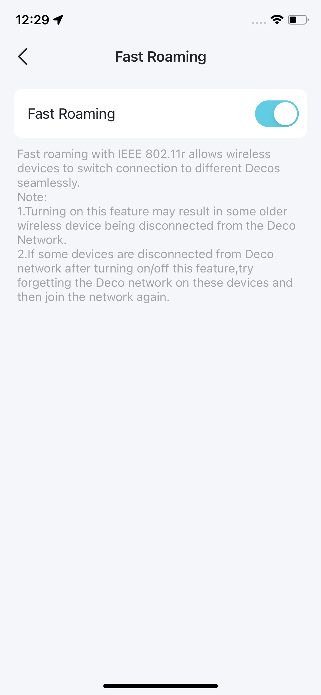 Fast Roaming settings page