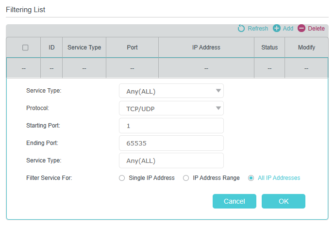 Click add button to create a new profile, featuring columns for ID, Service Type, Port, IP Address, Status and Modify