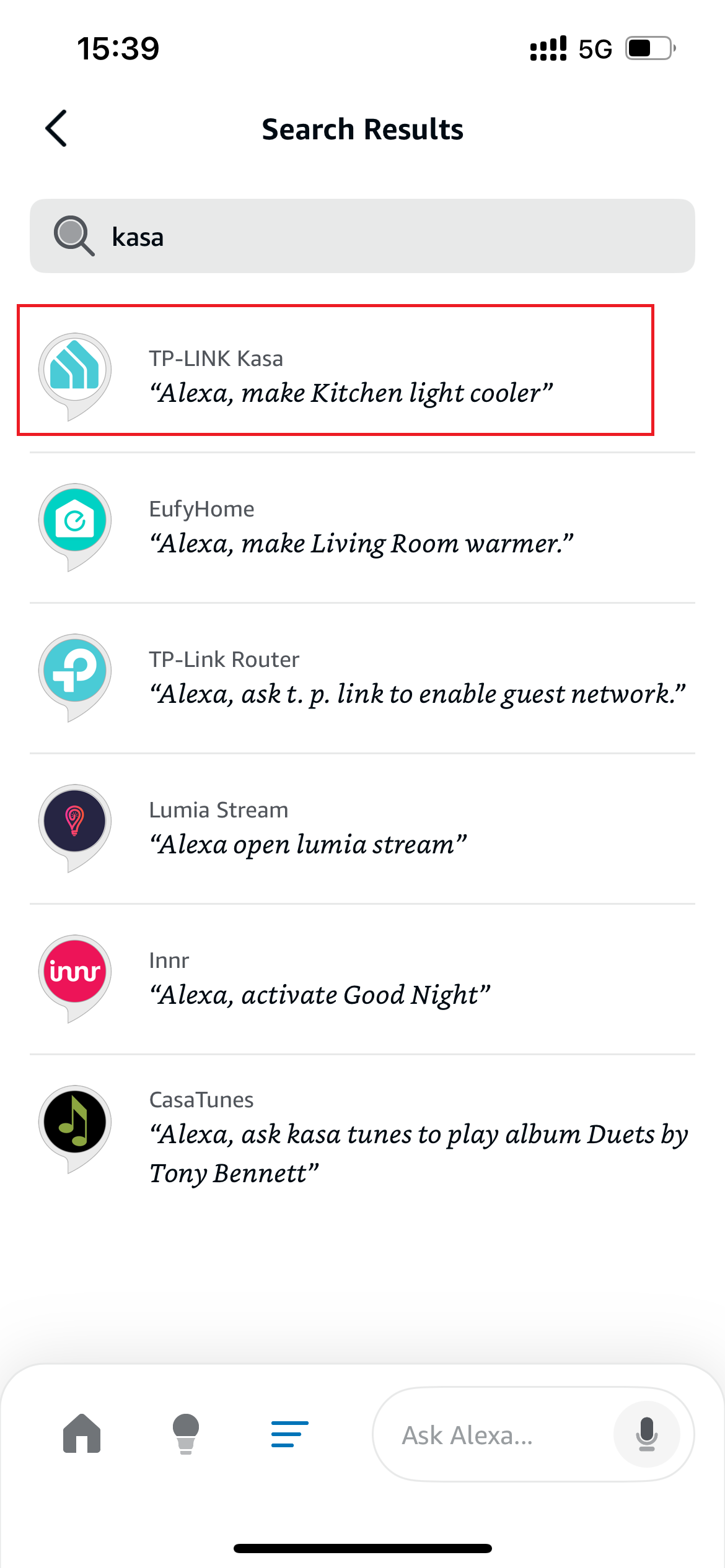 Enter Kasa in the search bar at the top and select TP-LINK Kasa from the results.