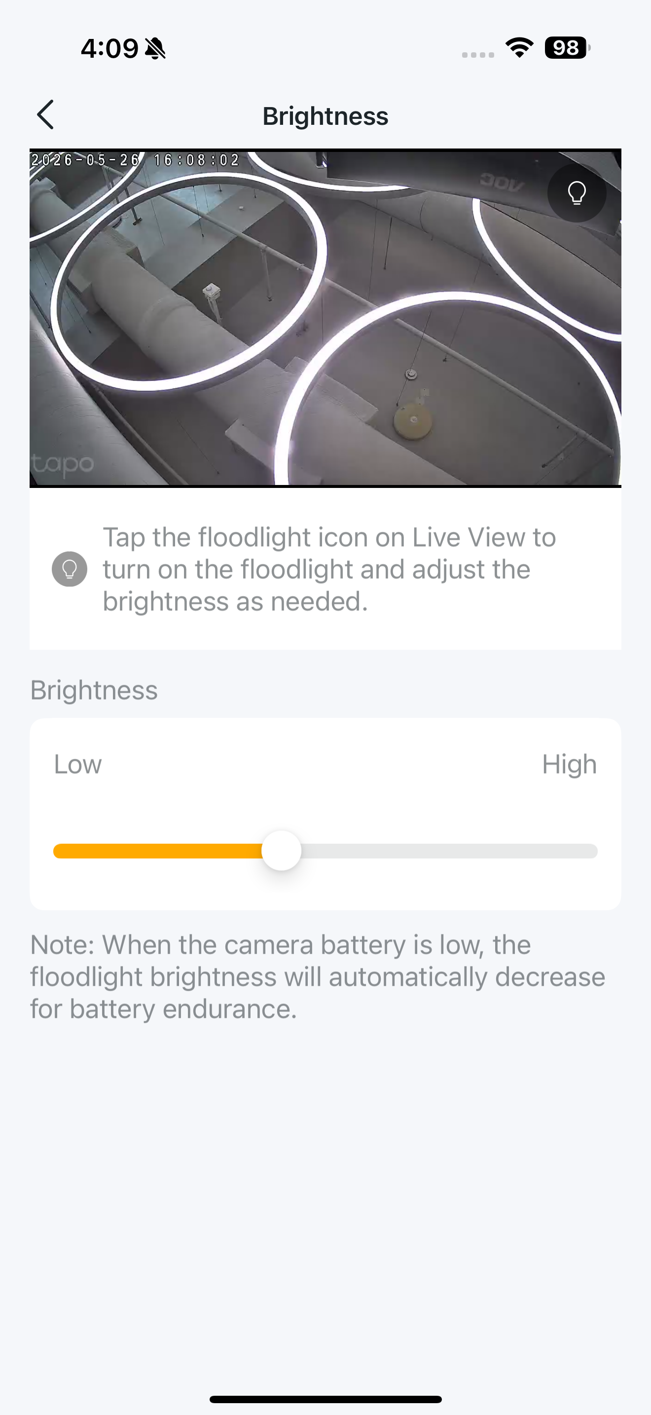 Floodlight Brightness page in the app