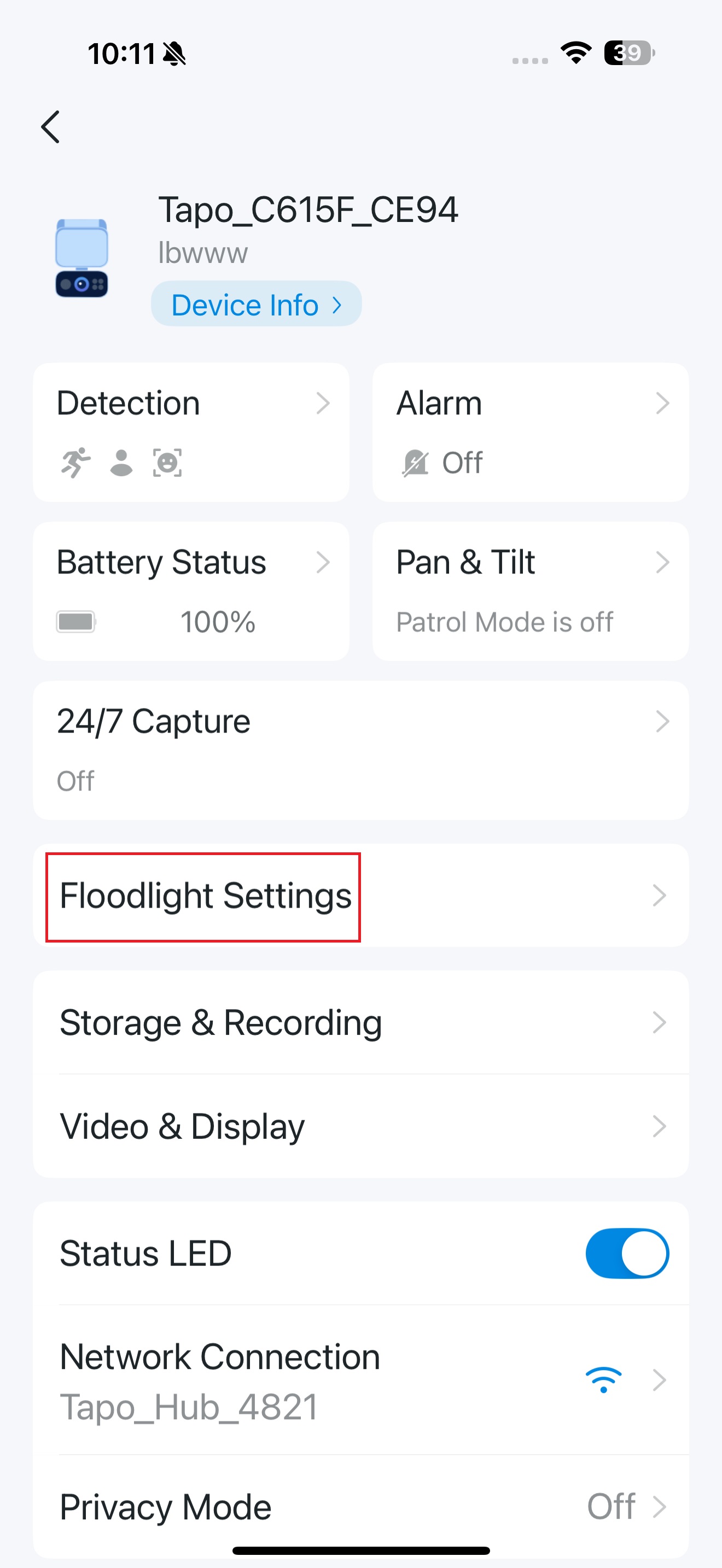 Floodlight Settings button