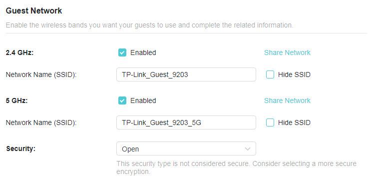 a Guest Network settings page in a router interface, showing both 2.4 GHz and 5 GHz wireless bands enabled with default SSIDs ("TP-Link_Guest_9203" and "TP-Link_Guest_9203_5G") and Open security selected. A warning notes that "This security type is not considered secure".