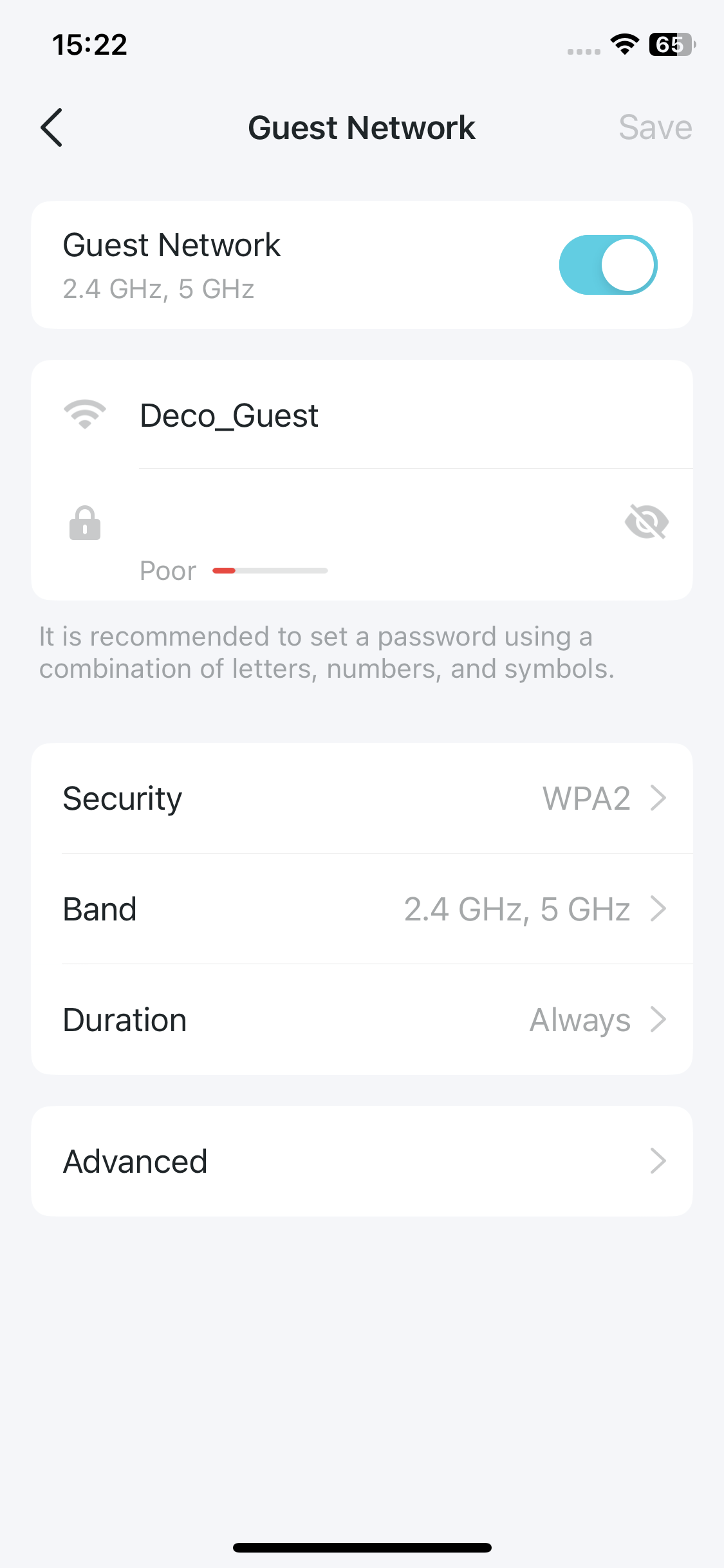 locate the Guest Network feature button and the SSID and password settings