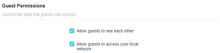 a Guest Permissions configuration page. Below the title "Control the data that guests can access", two checkboxes are shown as checked for "Allow guests to see each other" and "Allow guests to access your local network".