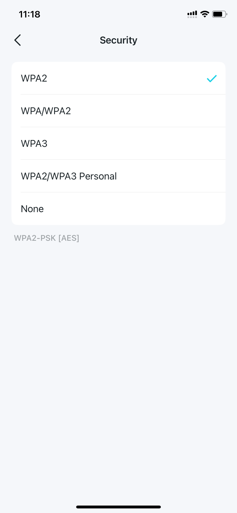 Wi-Fi security settings page