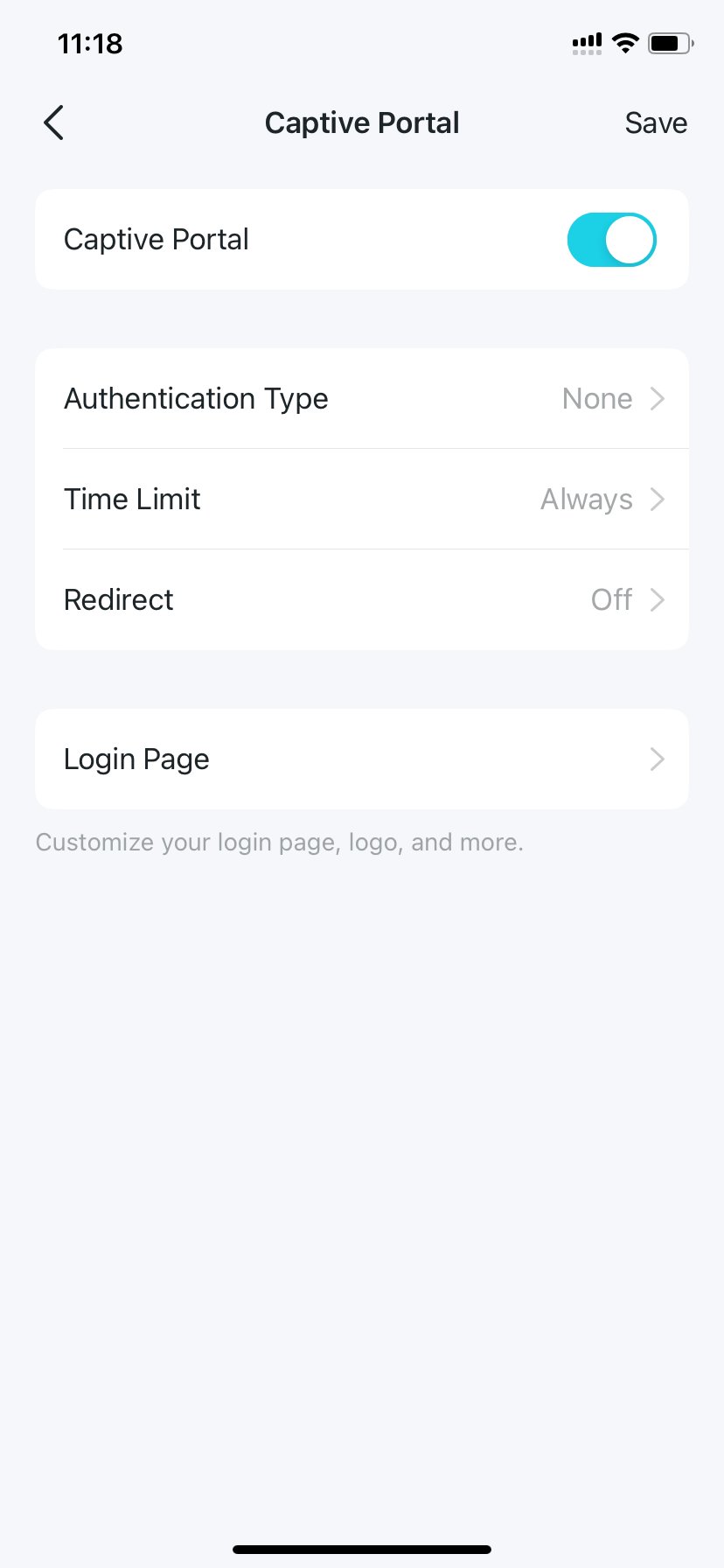 Captive Portal settings page